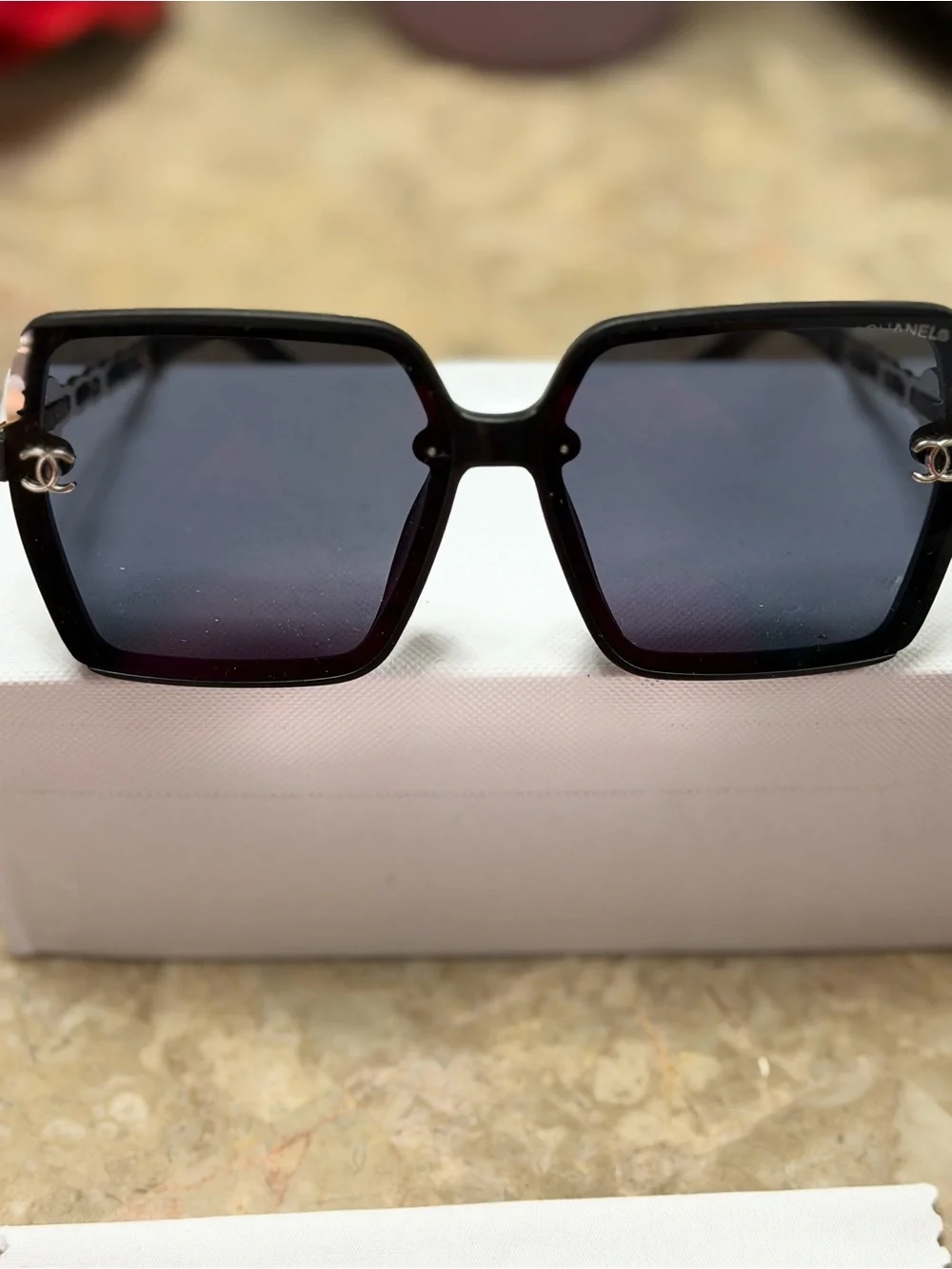 Black Square Oversized Sunglasses with Silver CC Accents